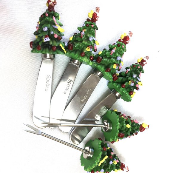 SPODE Christmas Tree Stainless Steel Canapé Cheese spreader Knives 2 Forks VTG - Picture 2 of 8